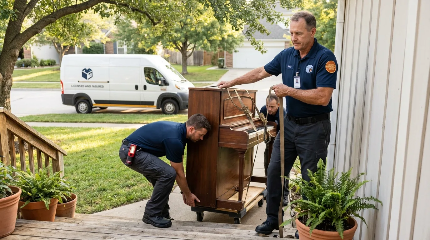 Licensed piano movers securing grand piano in York Harbor, ME