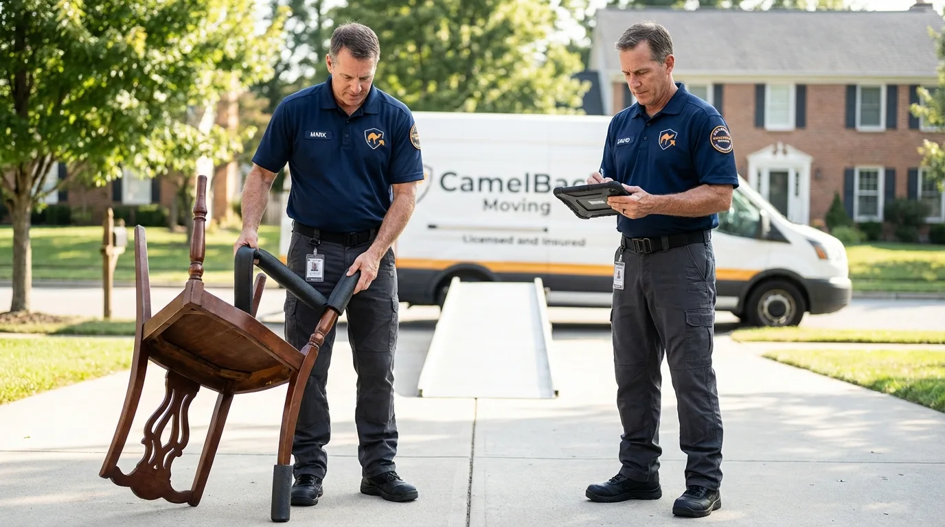 Movers inspecting furniture for damage prevention before loading in York Harbor, ME