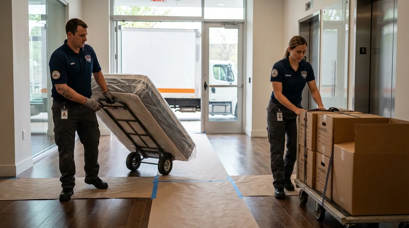Professional apartment movers loading elevator in York Harbor, ME