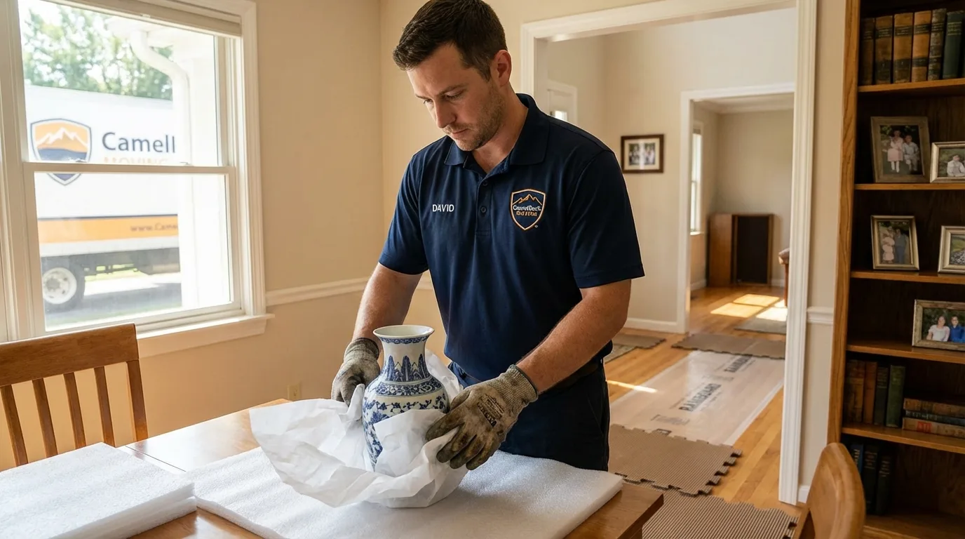 Professional crew carefully wrapping antique vase for senior downsizing move in York Harbor, ME