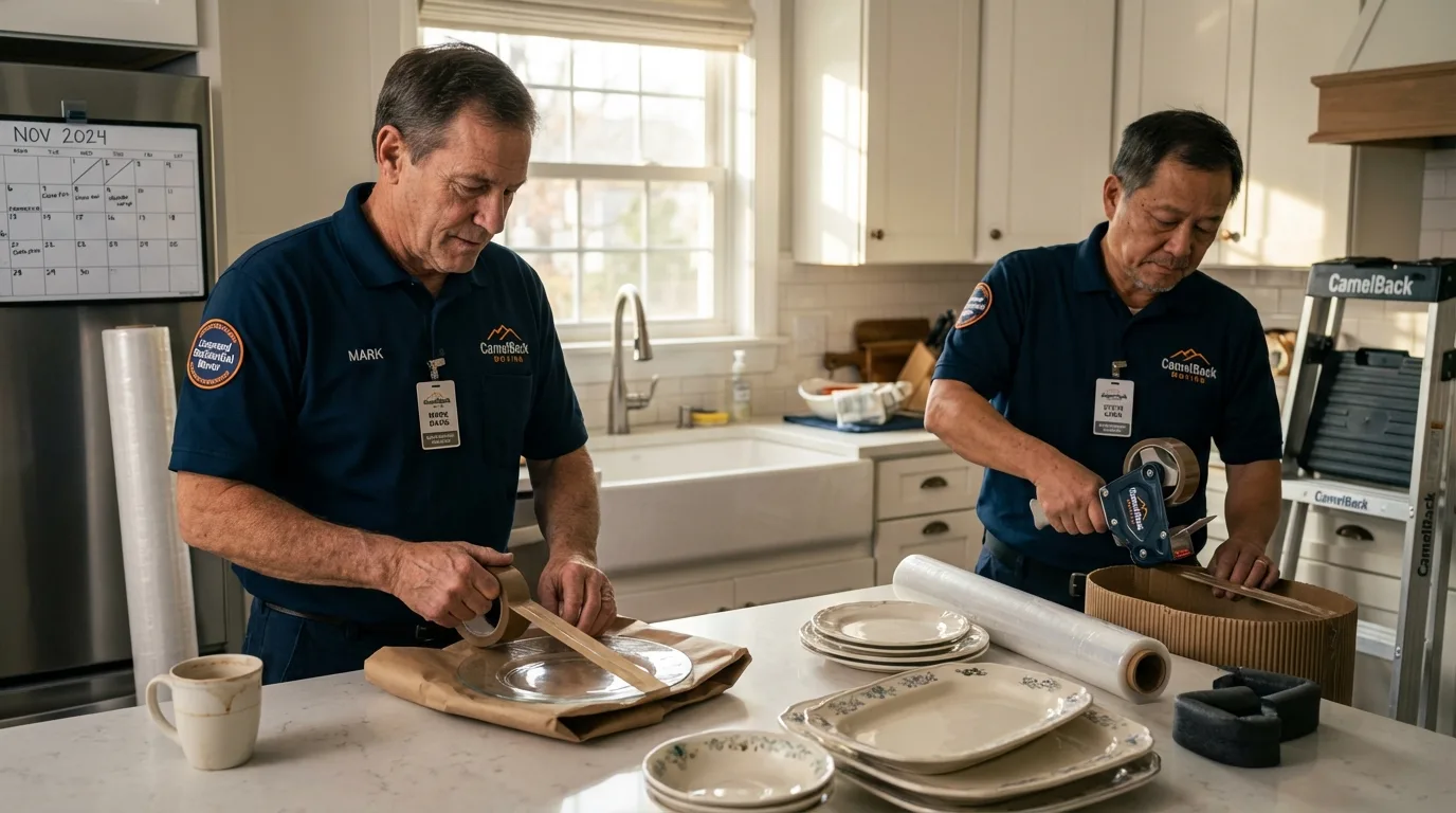 Professional crew packing kitchen dishware in York Harbor, ME